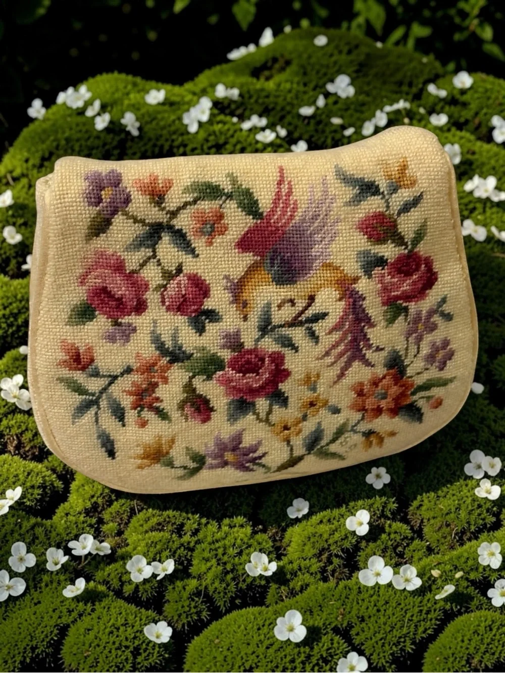 1920’s-30’s Needle Point Floral Clutch with Large Abalone Pearl Saucer Closure